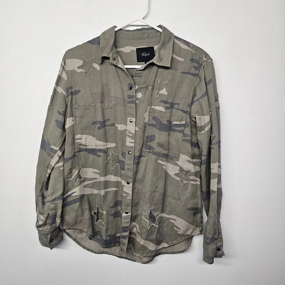 RAILS Marcel Sz Small Sage Camo Snap Front Button Long Sleeve Stars Shirt Jacket